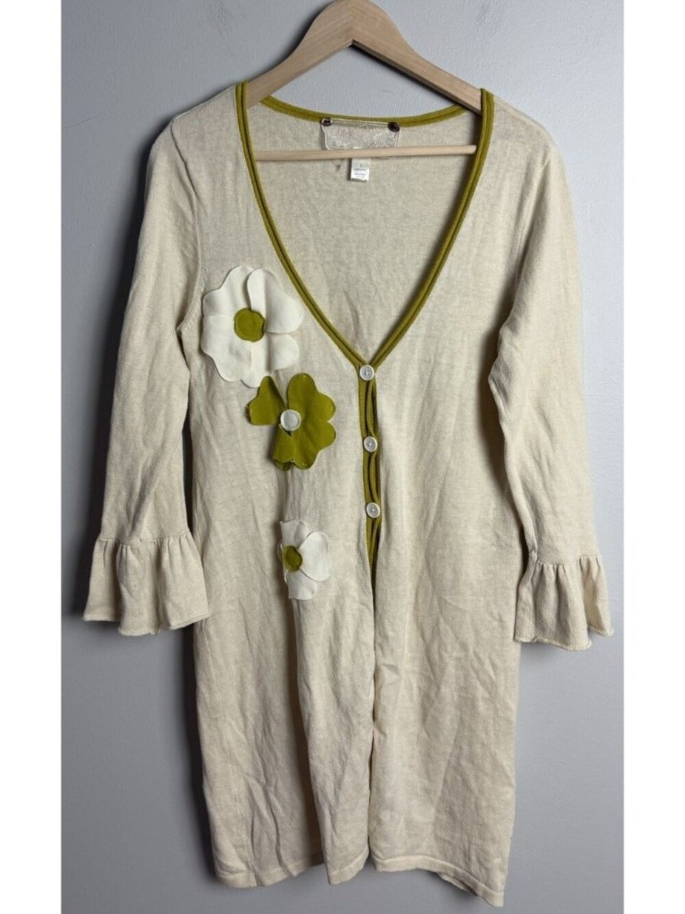 Nick & Mo Floral Applique Cardigan Olive Trim Bell Sleeve Cream Size Large Wm’s
